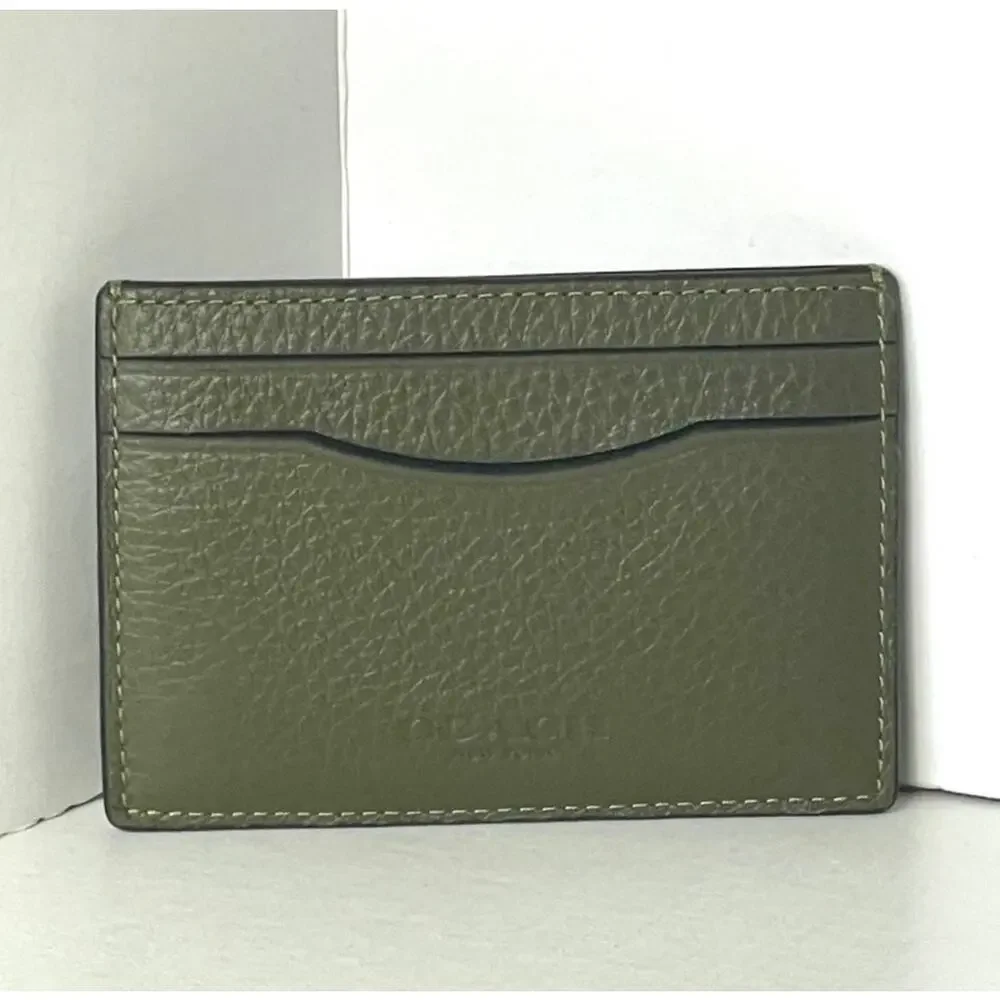 Coach Card Case Money Clip Olive Green Crossgrain Leather Mens CDC79